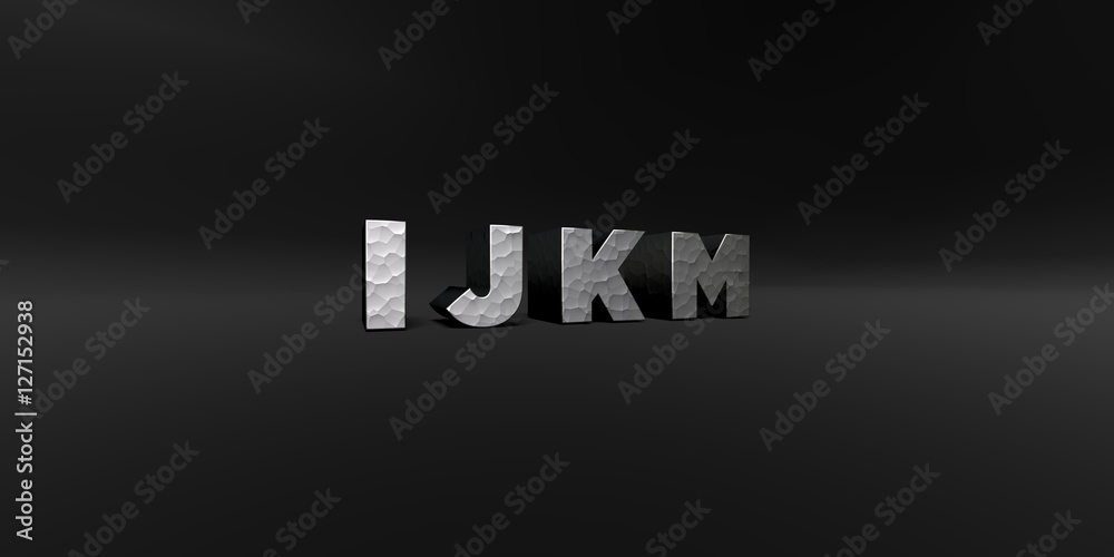 I J K M - hammered metal finish text on black studio - 3D rendered royalty free stock photo. This image can be used for an online website banner ad or a print postcard.