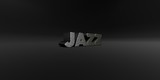 JAZZ - hammered metal finish text on black studio - 3D rendered royalty free stock photo. This image can be used for an online website banner ad or a print postcard.