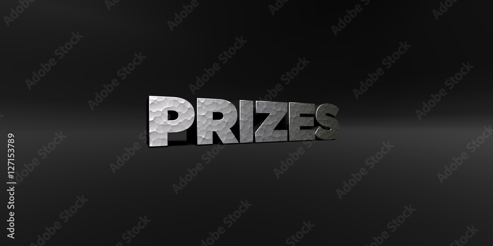 Obraz premium PRIZES - hammered metal finish text on black studio - 3D rendered royalty free stock photo. This image can be used for an online website banner ad or a print postcard.