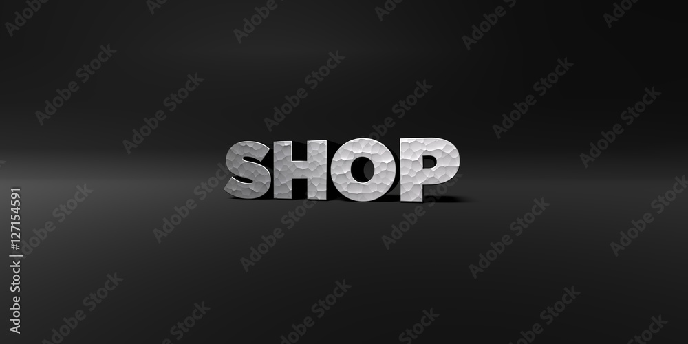 SHOP - hammered metal finish text on black studio - 3D rendered royalty free stock photo. This image can be used for an online website banner ad or a print postcard. SHOP - hammered metal finish text on black studio - 3D rendered royalty free stock photo. This image can be used for an online website banner ad or a print postcard.