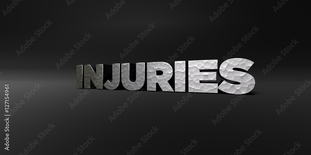 Obraz premium INJURIES - hammered metal finish text on black studio - 3D rendered royalty free stock photo. This image can be used for an online website banner ad or a print postcard.
