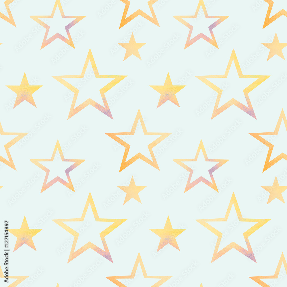 Obraz premium Seamless pattern with colorful watercolor stars on blue background.
