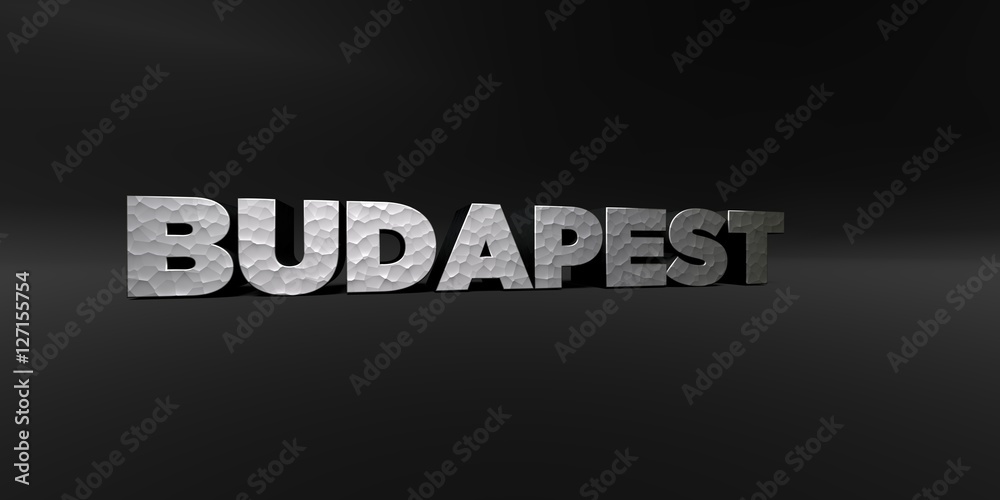 BUDAPEST - hammered metal finish text on black studio - 3D rendered royalty free stock photo. This image can be used for an online website banner ad or a print postcard.