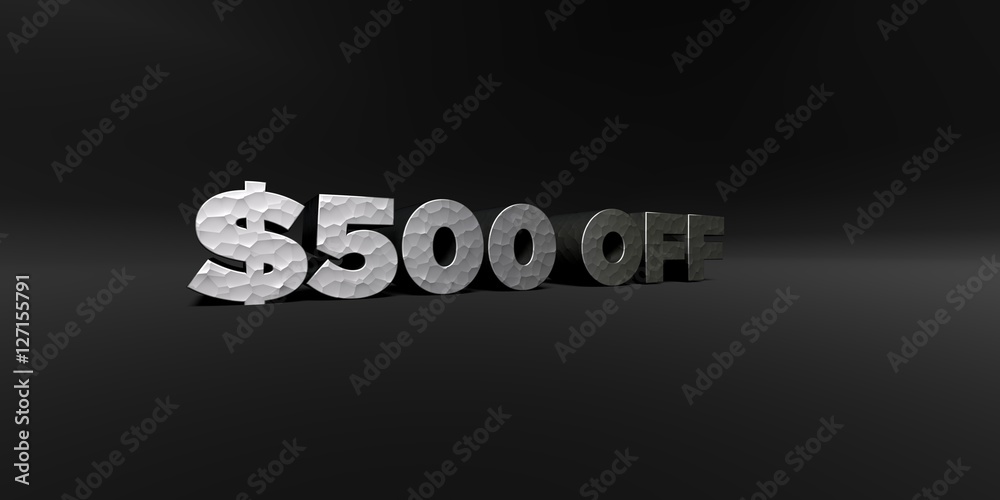 $500 OFF - hammered metal finish text on black studio - 3D rendered royalty free stock photo. This image can be used for an online website banner ad or a print postcard. $500 OFF - hammered metal finish text on black studio - 3D rendered royalty free stock photo. This image can be used for an online website banner ad or a print postcard.