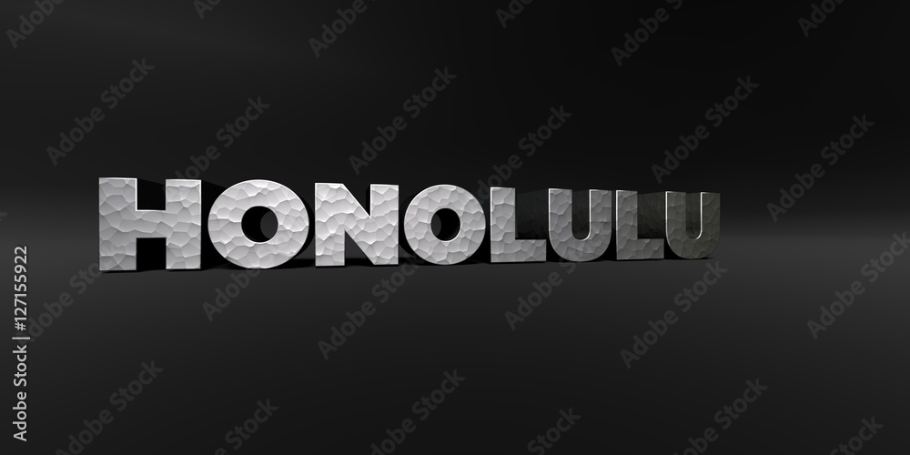 HONOLULU - hammered metal finish text on black studio - 3D rendered royalty free stock photo. This image can be used for an online website banner ad or a print postcard.