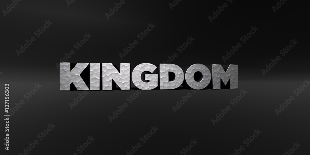 KINGDOM - hammered metal finish text on black studio - 3D rendered royalty free stock photo. This image can be used for an online website banner ad or a print postcard.