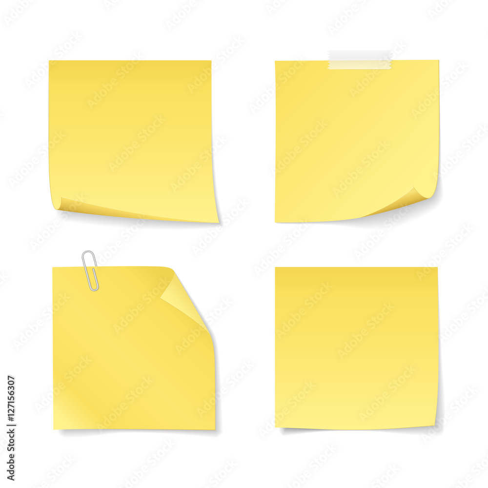 Set of sticky notes with clip and adhesive tape. Vector yellow paper with curled corner for your message. Isolated from a background. Set of sticky notes with clip and adhesive tape. Vector yellow paper with curled corner for your message. Isolated from a background.