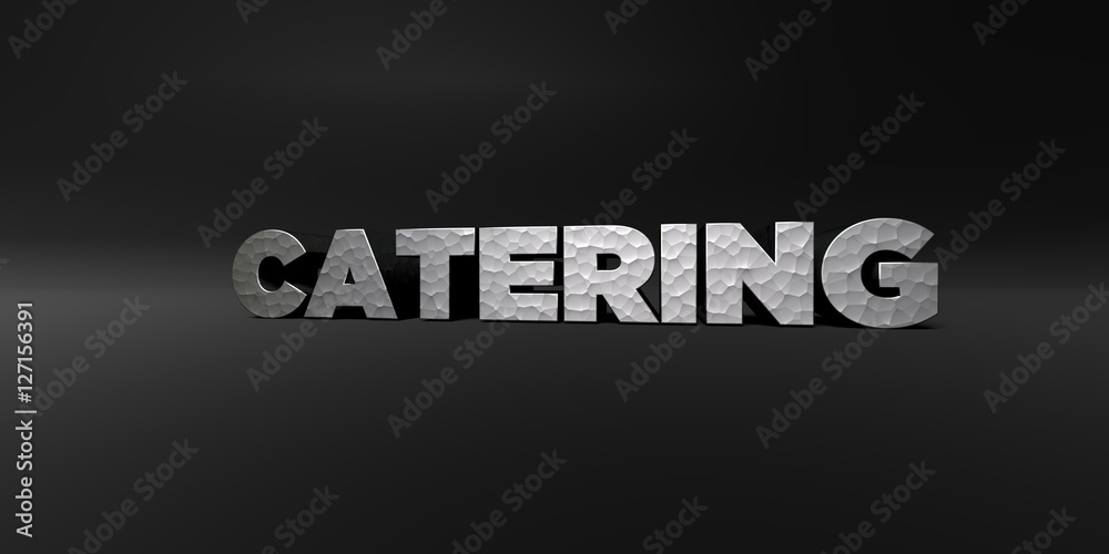 CATERING - hammered metal finish text on black studio - 3D rendered royalty free stock photo. This image can be used for an online website banner ad or a print postcard. CATERING - hammered metal finish text on black studio - 3D rendered royalty free stock photo. This image can be used for an online website banner ad or a print postcard.