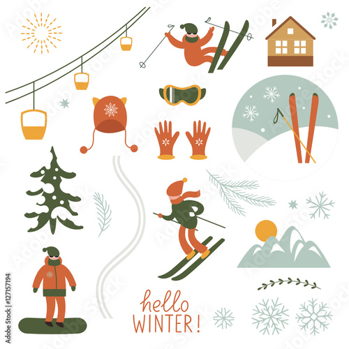 Ski Resort, set of vector illustrations, design elements