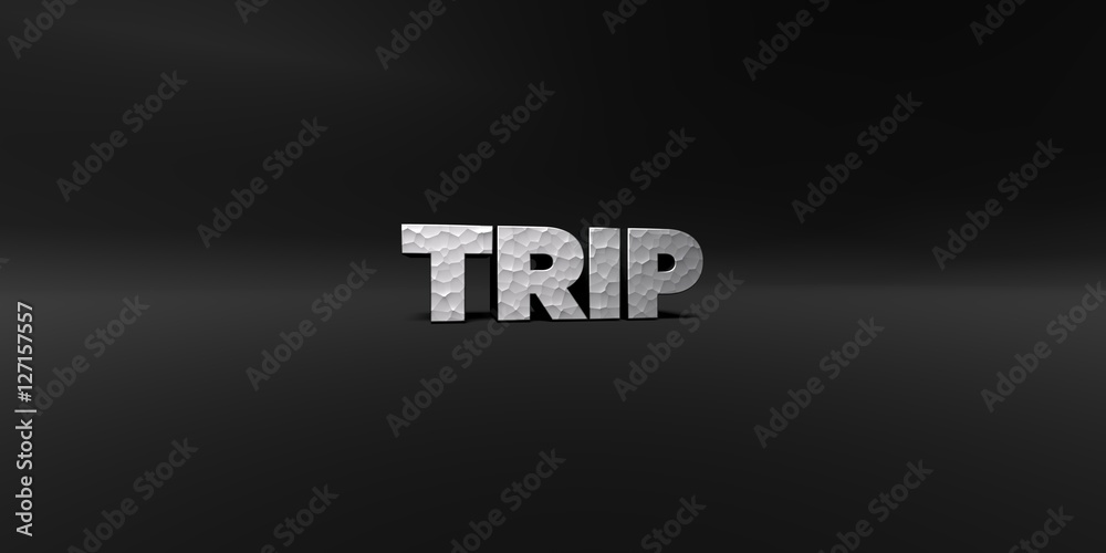 TRIP - hammered metal finish text on black studio - 3D rendered royalty free stock photo. This image can be used for an online website banner ad or a print postcard.