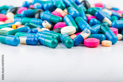 Medication with different types and colours. Tablets and pils