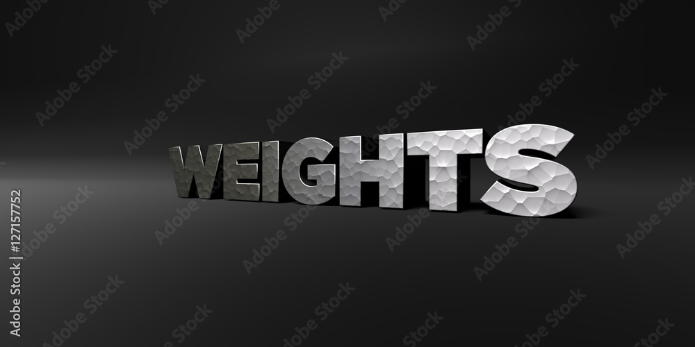 WEIGHTS - hammered metal finish text on black studio - 3D rendered royalty free stock photo. This image can be used for an online website banner ad or a print postcard. WEIGHTS - hammered metal finish text on black studio - 3D rendered royalty free stock photo. This image can be used for an online website banner ad or a print postcard.