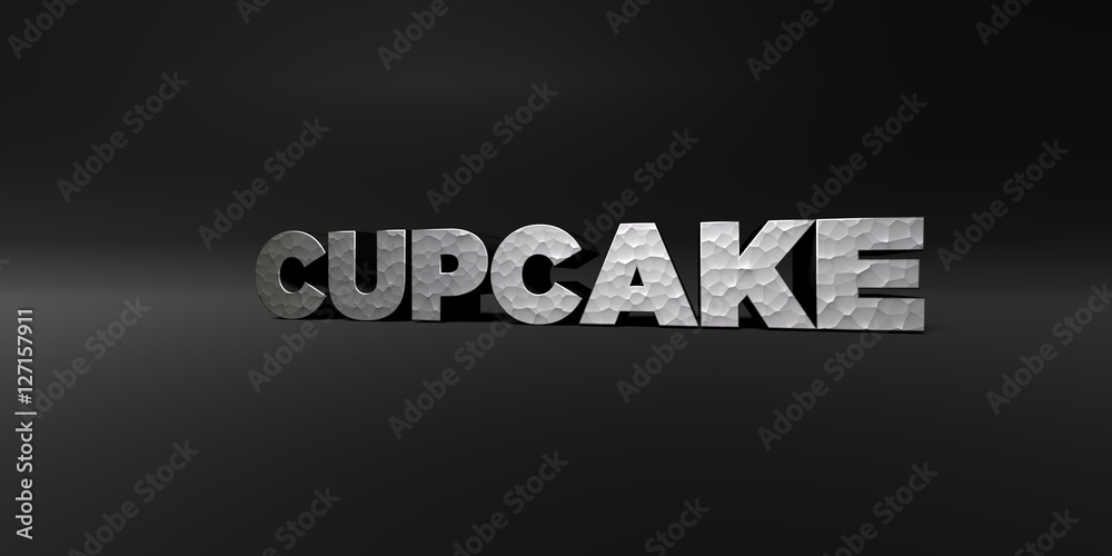 CUPCAKE - hammered metal finish text on black studio - 3D rendered royalty free stock photo. This image can be used for an online website banner ad or a print postcard.