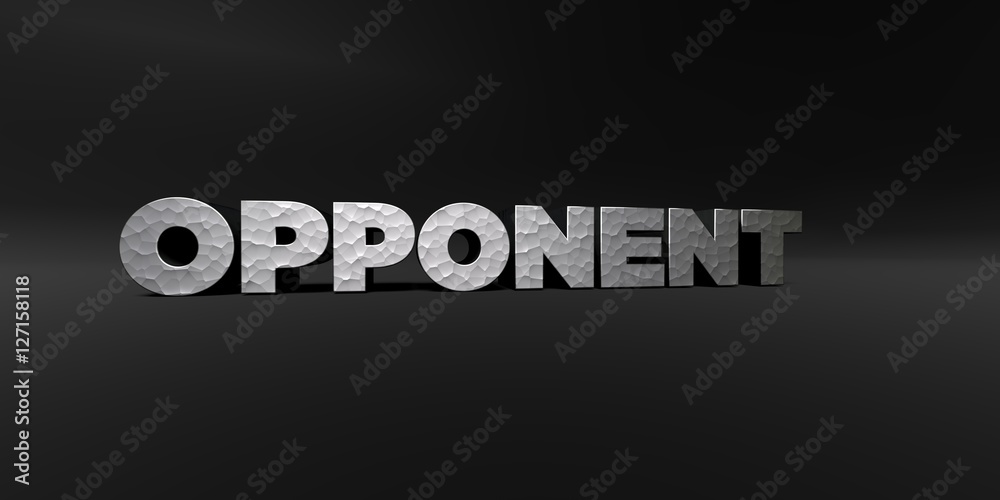 OPPONENT - hammered metal finish text on black studio - 3D rendered royalty free stock photo. This image can be used for an online website banner ad or a print postcard.