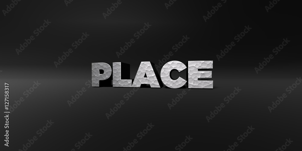 PLACE - hammered metal finish text on black studio - 3D rendered royalty free stock photo. This image can be used for an online website banner ad or a print postcard. PLACE - hammered metal finish text on black studio - 3D rendered royalty free stock photo. This image can be used for an online website banner ad or a print postcard.