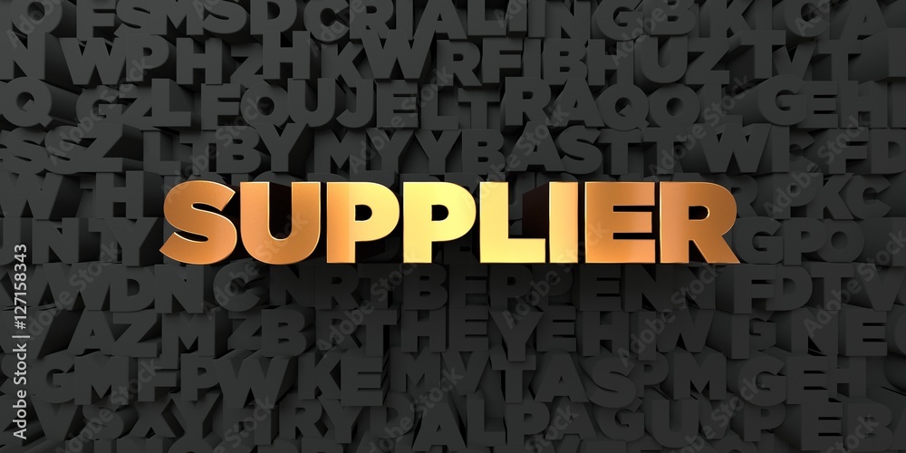 Supplier - Gold text on black background - 3D rendered royalty free stock picture. This image can be used for an online website banner ad or a print postcard. Supplier - Gold text on black background - 3D rendered royalty free stock picture. This image can be used for an online website banner ad or a print postcard.