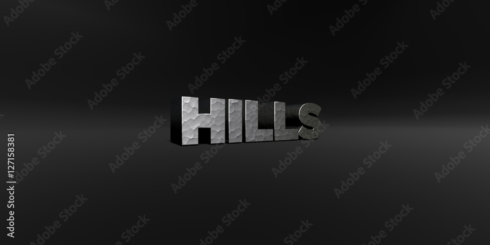 HILLS - hammered metal finish text on black studio - 3D rendered royalty free stock photo. This image can be used for an online website banner ad or a print postcard.