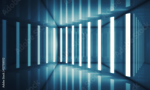 Abstract blue room interior with neon lights
