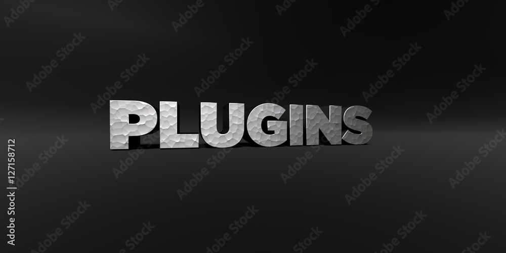 PLUGINS - hammered metal finish text on black studio - 3D rendered royalty free stock photo. This image can be used for an online website banner ad or a print postcard.