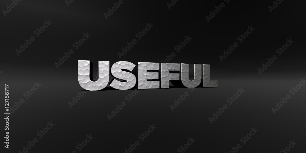 USEFUL - hammered metal finish text on black studio - 3D rendered royalty free stock photo. This image can be used for an online website banner ad or a print postcard.