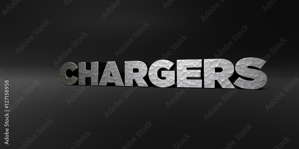 CHARGERS - hammered metal finish text on black studio - 3D rendered royalty free stock photo. This image can be used for an online website banner ad or a print postcard. CHARGERS - hammered metal finish text on black studio - 3D rendered royalty free stock photo. This image can be used for an online website banner ad or a print postcard.