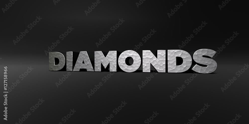DIAMONDS - hammered metal finish text on black studio - 3D rendered royalty free stock photo. This image can be used for an online website banner ad or a print postcard.