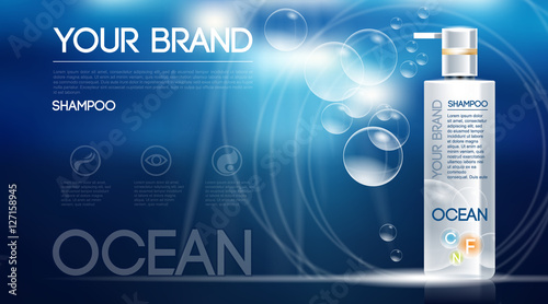 Digital vector silver shampoo mockup on blue background, with your brand, ready for design. Liquid and bubbles, flat style
