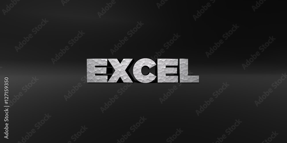 EXCEL - hammered metal finish text on black studio - 3D rendered royalty free stock photo. This image can be used for an online website banner ad or a print postcard.