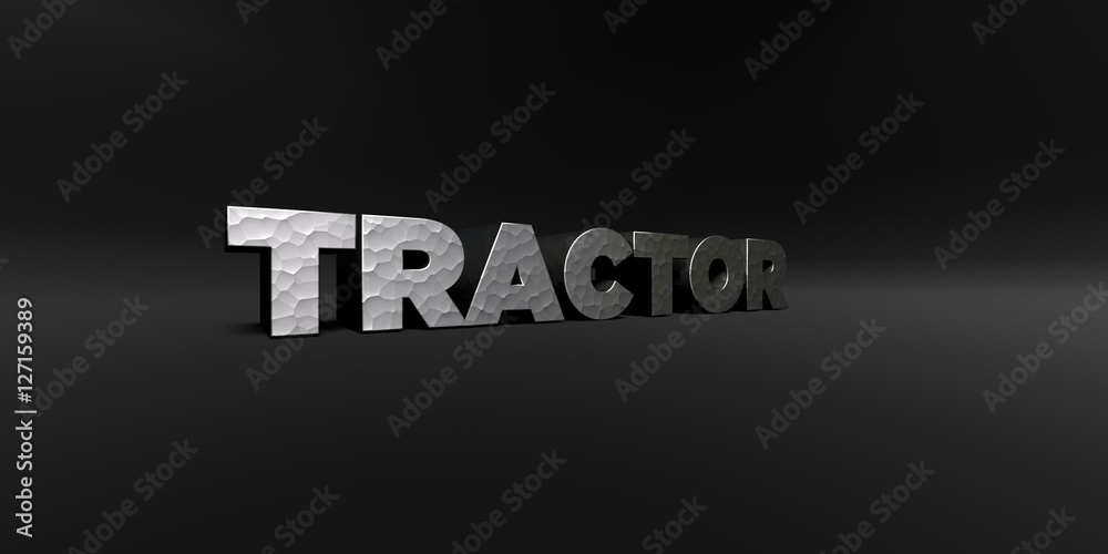 TRACTOR - hammered metal finish text on black studio - 3D rendered royalty free stock photo. This image can be used for an online website banner ad or a print postcard.