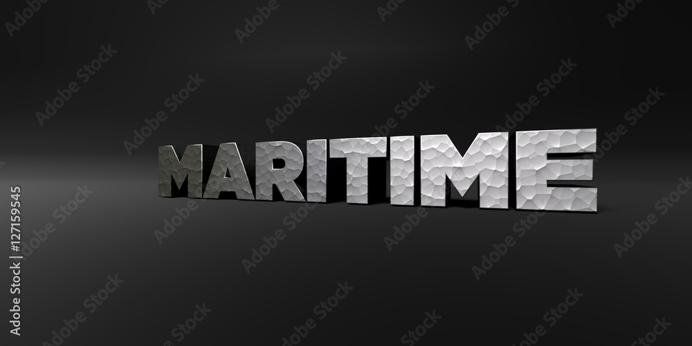 MARITIME - hammered metal finish text on black studio - 3D rendered royalty free stock photo. This image can be used for an online website banner ad or a print postcard.