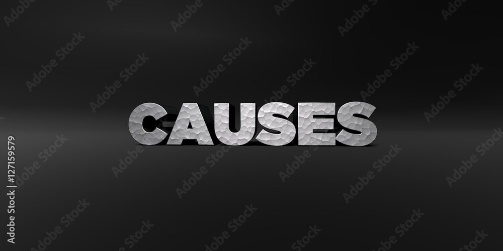 CAUSES - hammered metal finish text on black studio - 3D rendered royalty free stock photo. This image can be used for an online website banner ad or a print postcard. CAUSES - hammered metal finish text on black studio - 3D rendered royalty free stock photo. This image can be used for an online website banner ad or a print postcard.