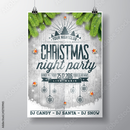 Vector Merry Christmas Party design with holiday typography elements and shiny stars on vintage wood background.