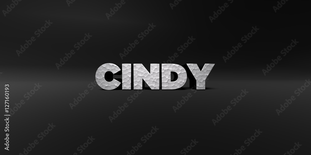 CINDY - hammered metal finish text on black studio - 3D rendered royalty free stock photo. This image can be used for an online website banner ad or a print postcard.
