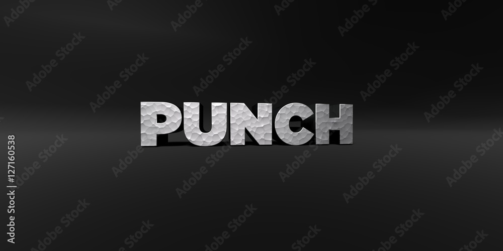 PUNCH - hammered metal finish text on black studio - 3D rendered royalty free stock photo. This image can be used for an online website banner ad or a print postcard.
