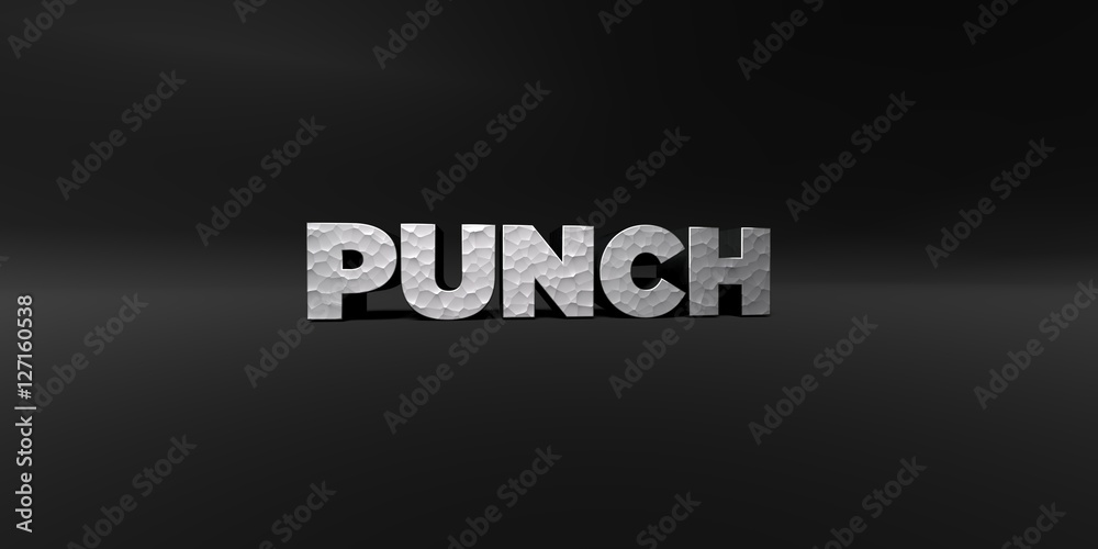PUNCH - hammered metal finish text on black studio - 3D rendered royalty free stock photo. This image can be used for an online website banner ad or a print postcard. PUNCH - hammered metal finish text on black studio - 3D rendered royalty free stock photo. This image can be used for an online website banner ad or a print postcard.