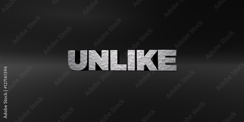 UNLIKE - hammered metal finish text on black studio - 3D rendered royalty free stock photo. This image can be used for an online website banner ad or a print postcard.