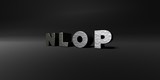 N L O P - hammered metal finish text on black studio - 3D rendered royalty free stock photo. This image can be used for an online website banner ad or a print postcard.