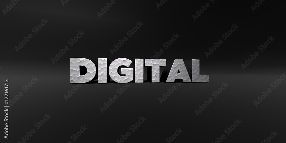 Fototapeta premium DIGITAL - hammered metal finish text on black studio - 3D rendered royalty free stock photo. This image can be used for an online website banner ad or a print postcard.