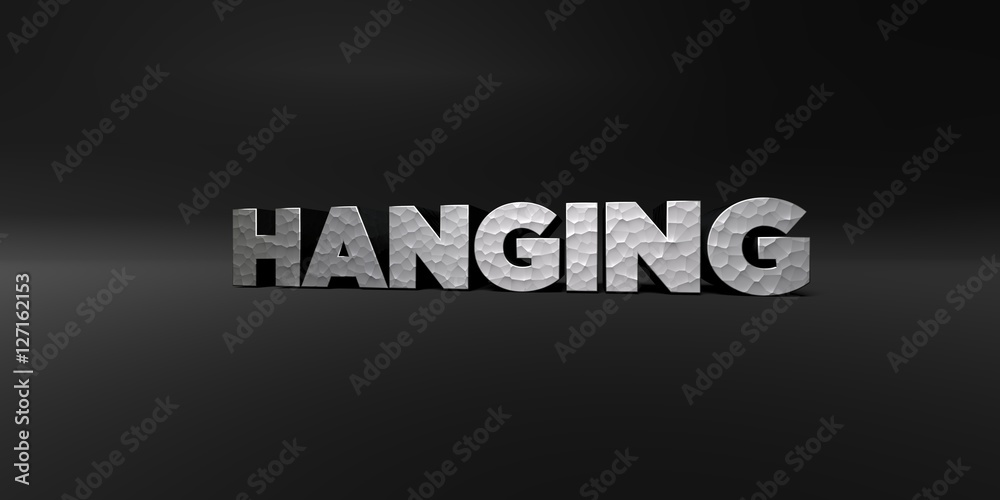 Obraz premium HANGING - hammered metal finish text on black studio - 3D rendered royalty free stock photo. This image can be used for an online website banner ad or a print postcard.