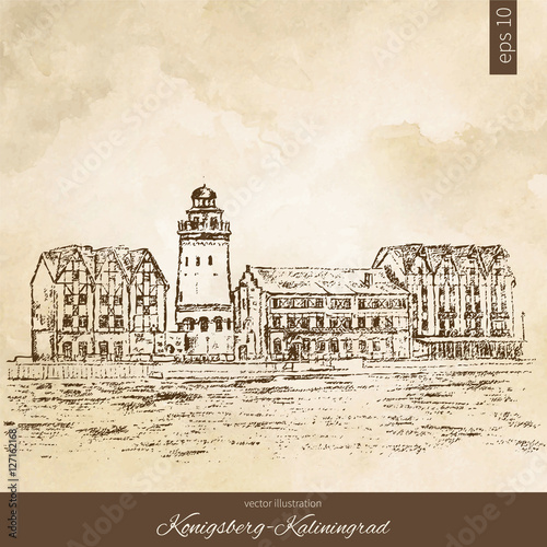 Ethnographic trade center, embankment of the Fishing Village, Kaliningrad Russia, hand drawn engraving vector illustration isolated on brown watercolor background, for touristic postcard
