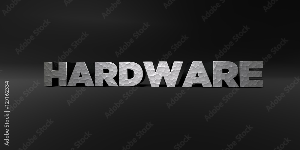 HARDWARE - hammered metal finish text on black studio - 3D rendered royalty free stock photo. This image can be used for an online website banner ad or a print postcard.