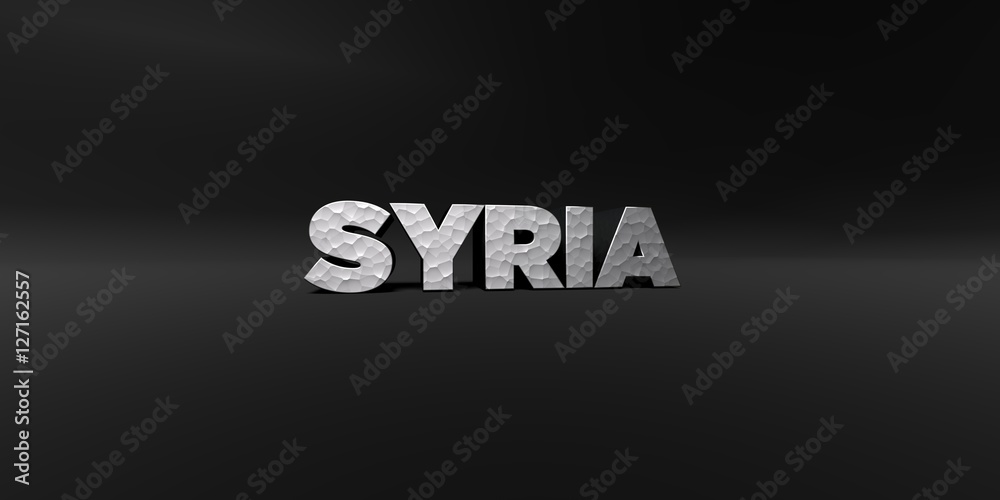 SYRIA - hammered metal finish text on black studio - 3D rendered royalty free stock photo. This image can be used for an online website banner ad or a print postcard.