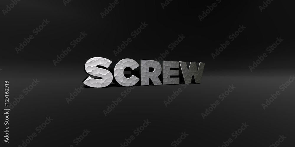 SCREW - hammered metal finish text on black studio - 3D rendered royalty free stock photo. This image can be used for an online website banner ad or a print postcard.