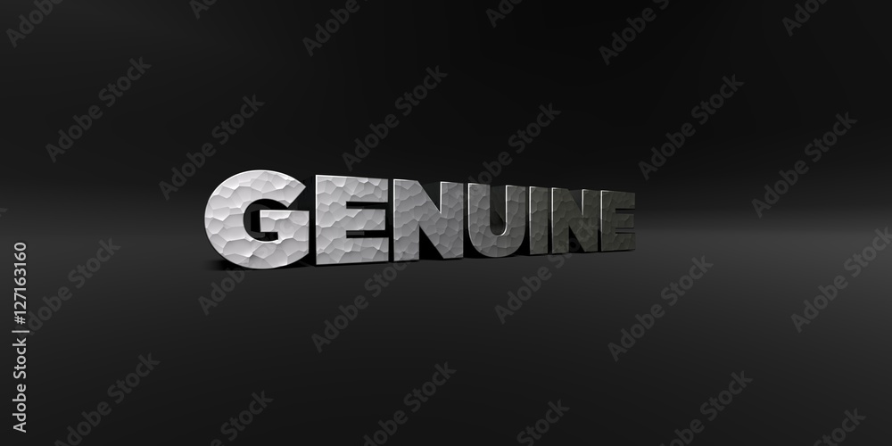 GENUINE - hammered metal finish text on black studio - 3D rendered royalty free stock photo. This image can be used for an online website banner ad or a print postcard.