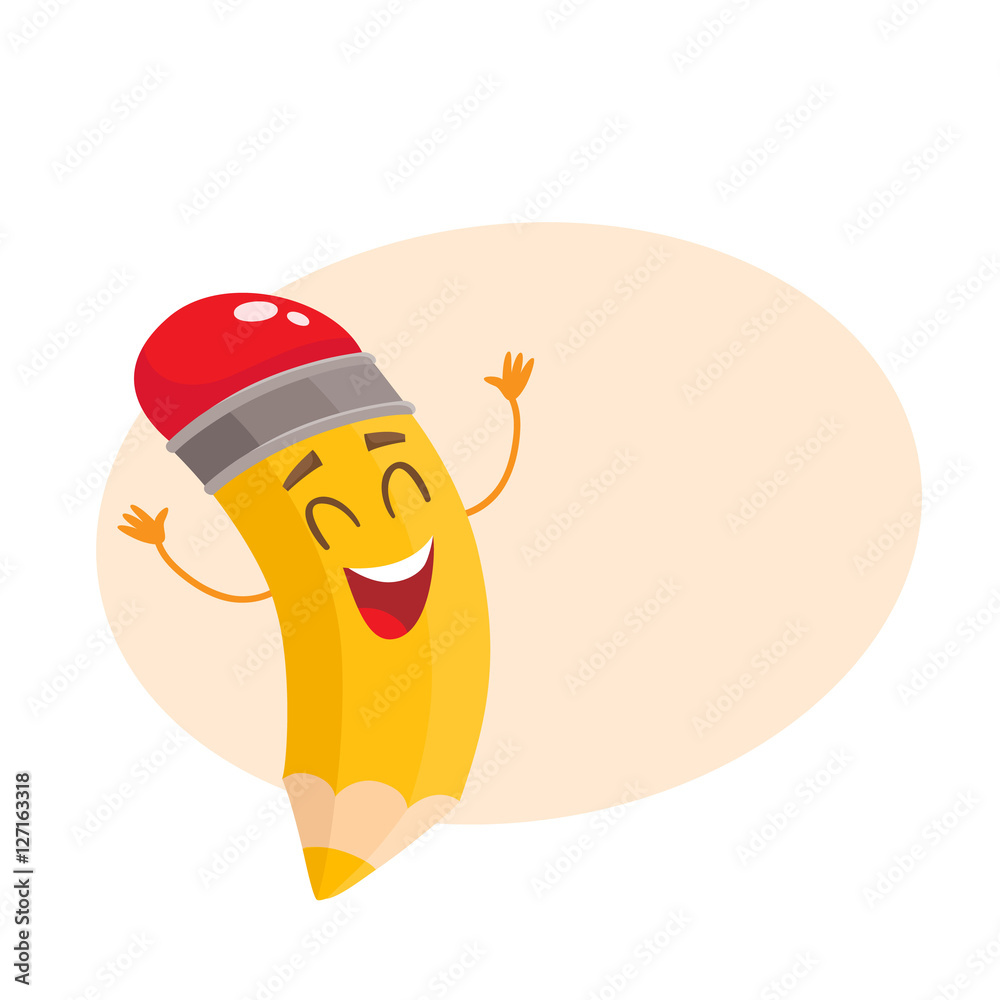 Yellow cartoon pencil with closed eyes and raised up hands celebrating