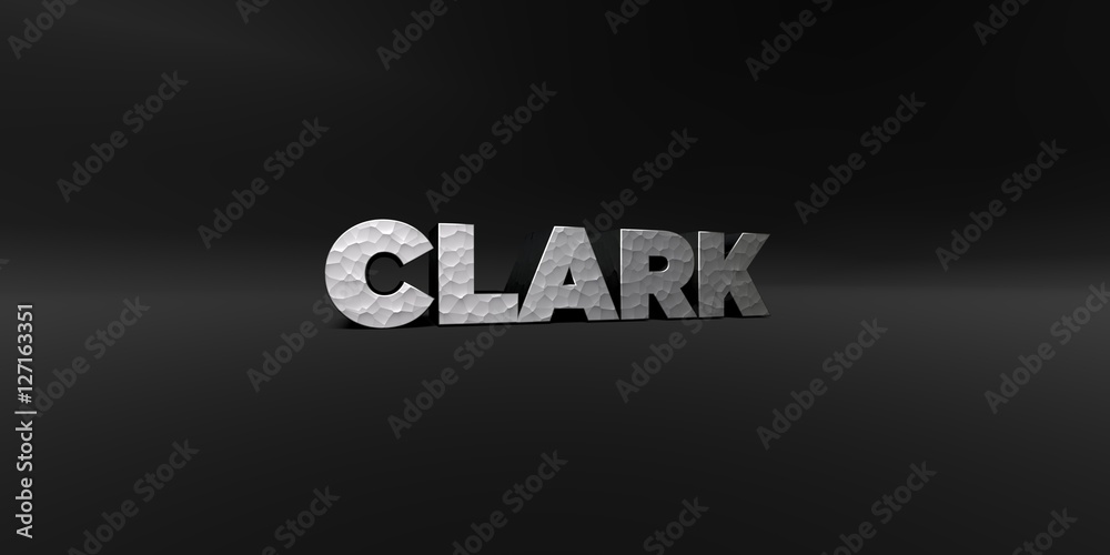 CLARK - hammered metal finish text on black studio - 3D rendered royalty free stock photo. This image can be used for an online website banner ad or a print postcard.