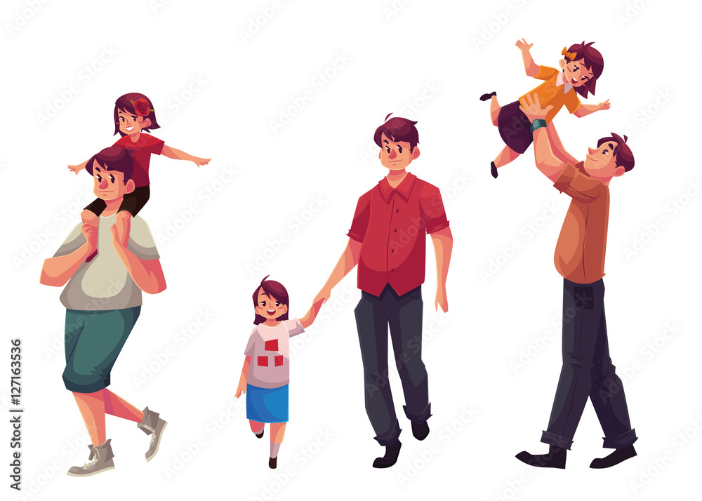 Father and daughter, set of cartoon vector illustrations isolated on white  background. Dad carrying little daughter on shoulders, throwing her into  air and walking together holding hands Stock Vector | Adobe Stock