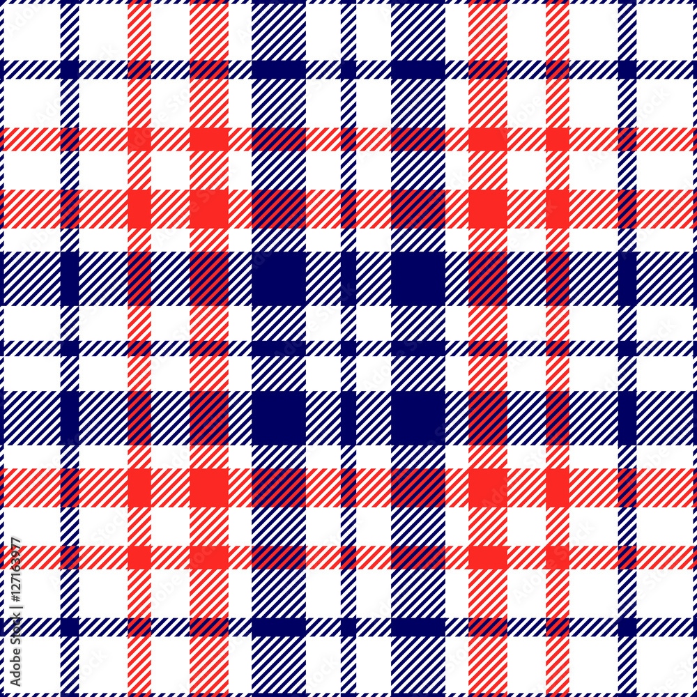 Seamless tartan plaid pattern. Checkered textile design in red & navy blue stripes on white background. Stock | Adobe Stock