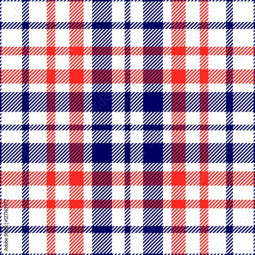 Seamless tartan plaid pattern. Checkered textile design in red & navy blue stripes on white background. 