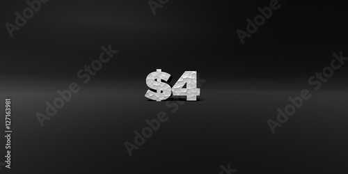 $4 - hammered metal finish text on black studio - 3D rendered royalty free stock photo. This image can be used for an online website banner ad or a print postcard.